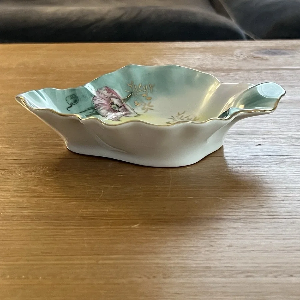 Vintage Lefton Hand Painted Floral Porcelain Trinket Dish Gold Trim‎ Japan